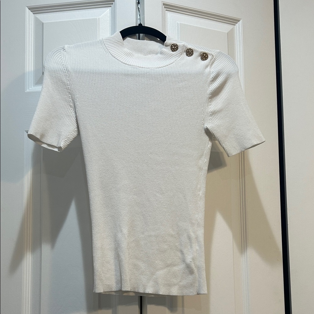 Tory Burch White Ribbed Women’s Short Sleeve Top with Button Detail Size S
